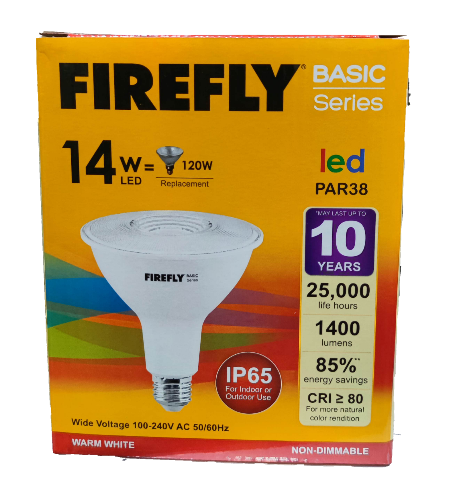 Firefly 14W LED PAR 38 E27 warm white flood bulb in retail box showing 1400 lumens IP65 25000 hour life
