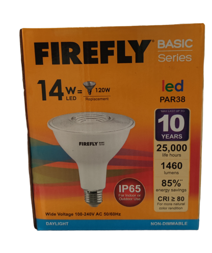 Firefly 14W LED PAR 38 E27 box showing PAR38 bulb with IP65 1460 lumens and 25000 hour life