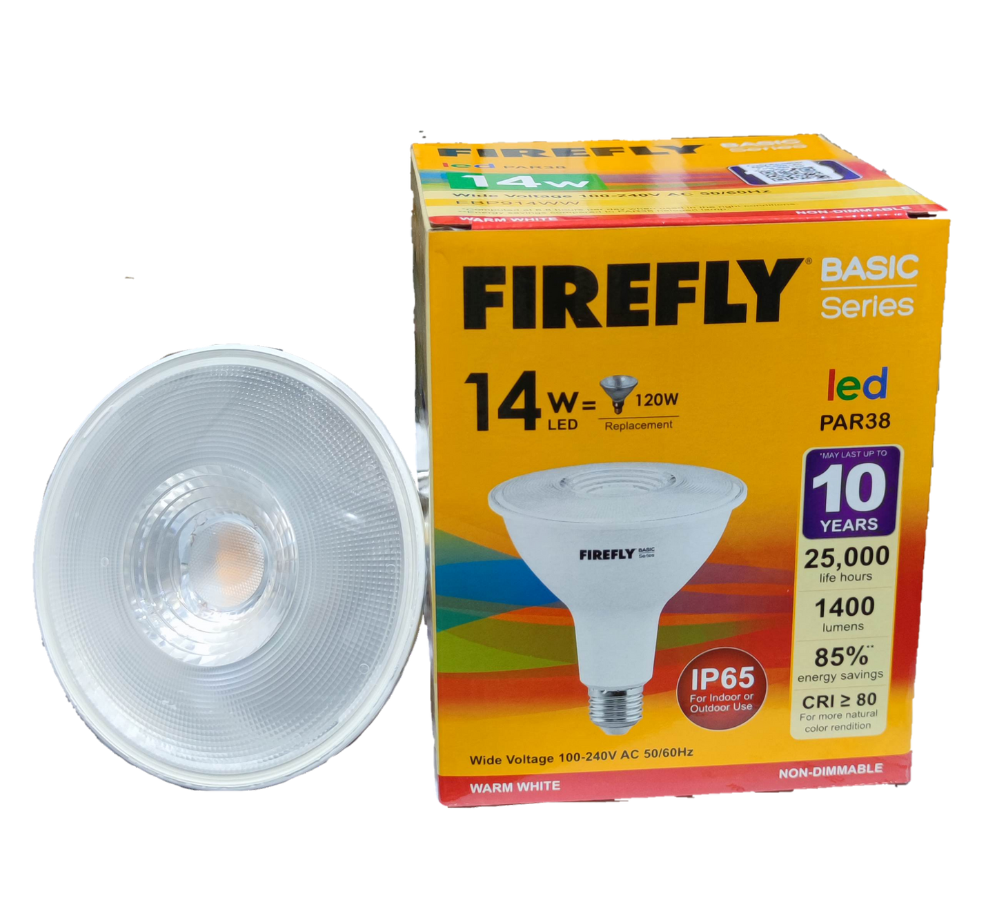 Firefly 14W LED PAR 38 E27 bulb beside yellow Firefly Basic Series box showing 14W 1400 lumens IP65