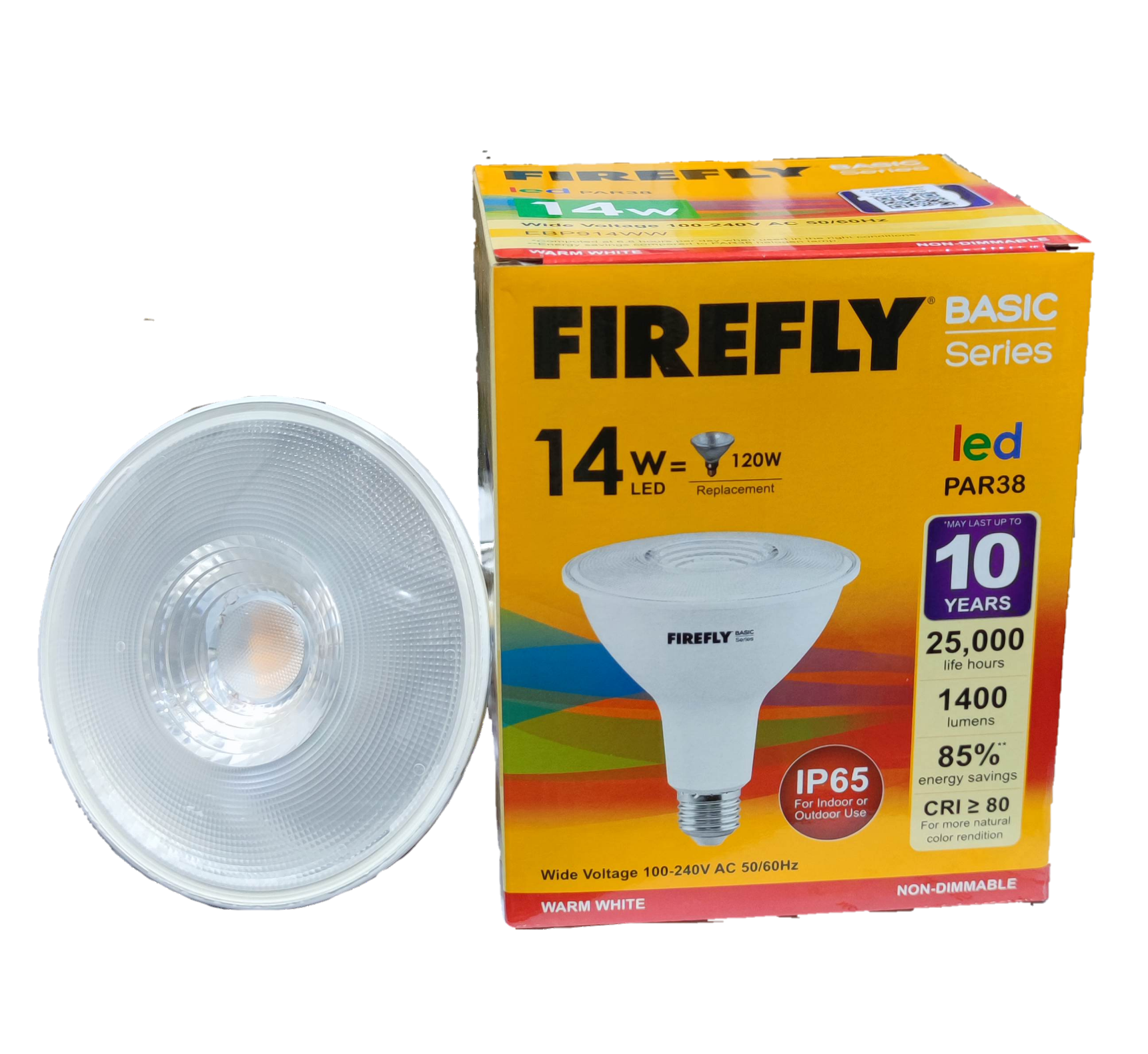 Firefly 14W LED PAR 38 E27 bulb beside yellow Firefly Basic Series box showing 14W 1400 lumens IP65
