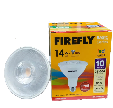 Firefly 14W LED PAR 38 E27 white PAR38 bulb beside yellow Firefly packaging showing specs and label