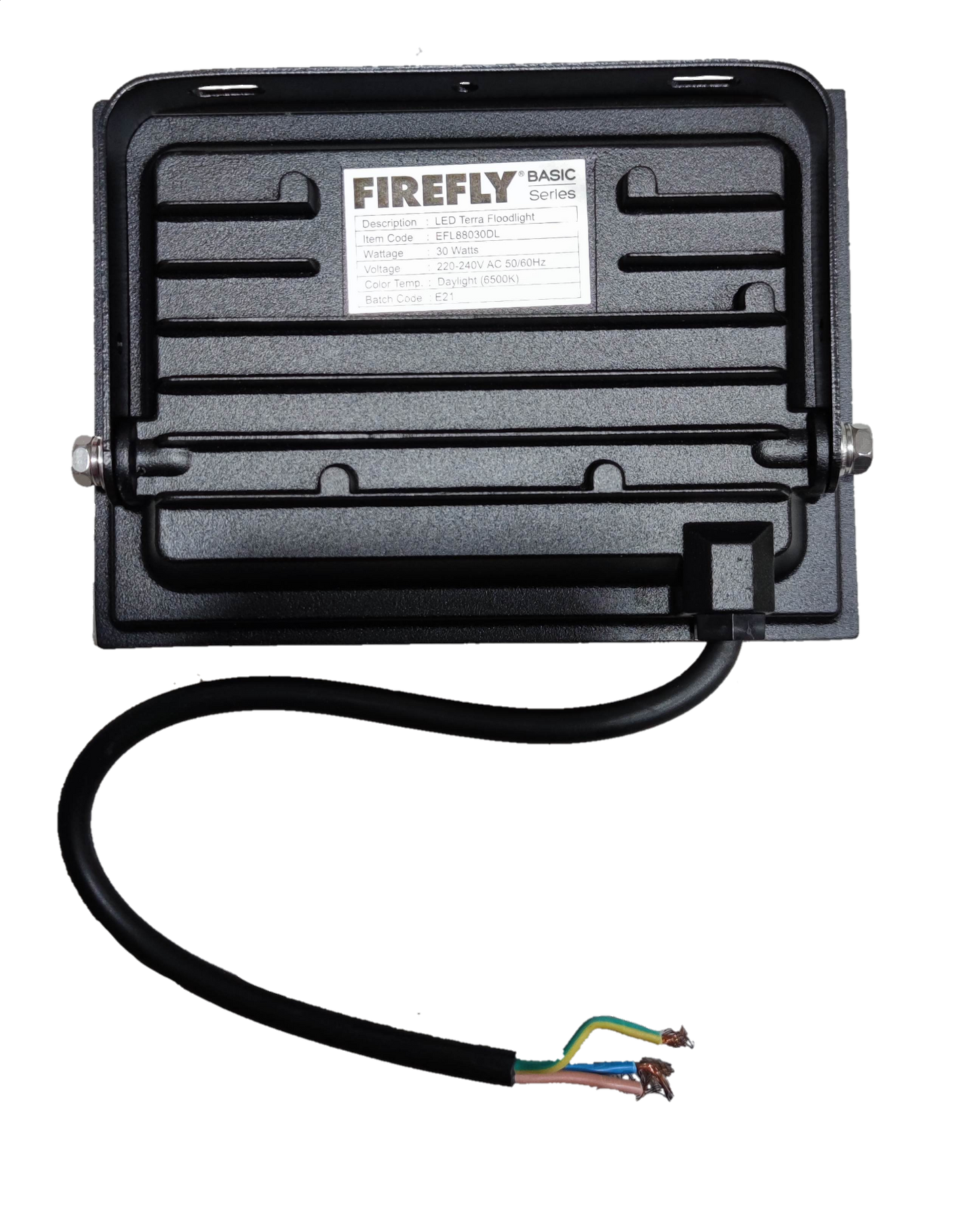 Firefly 30W LED floodlight black die cast housing back view with exposed three core power cable