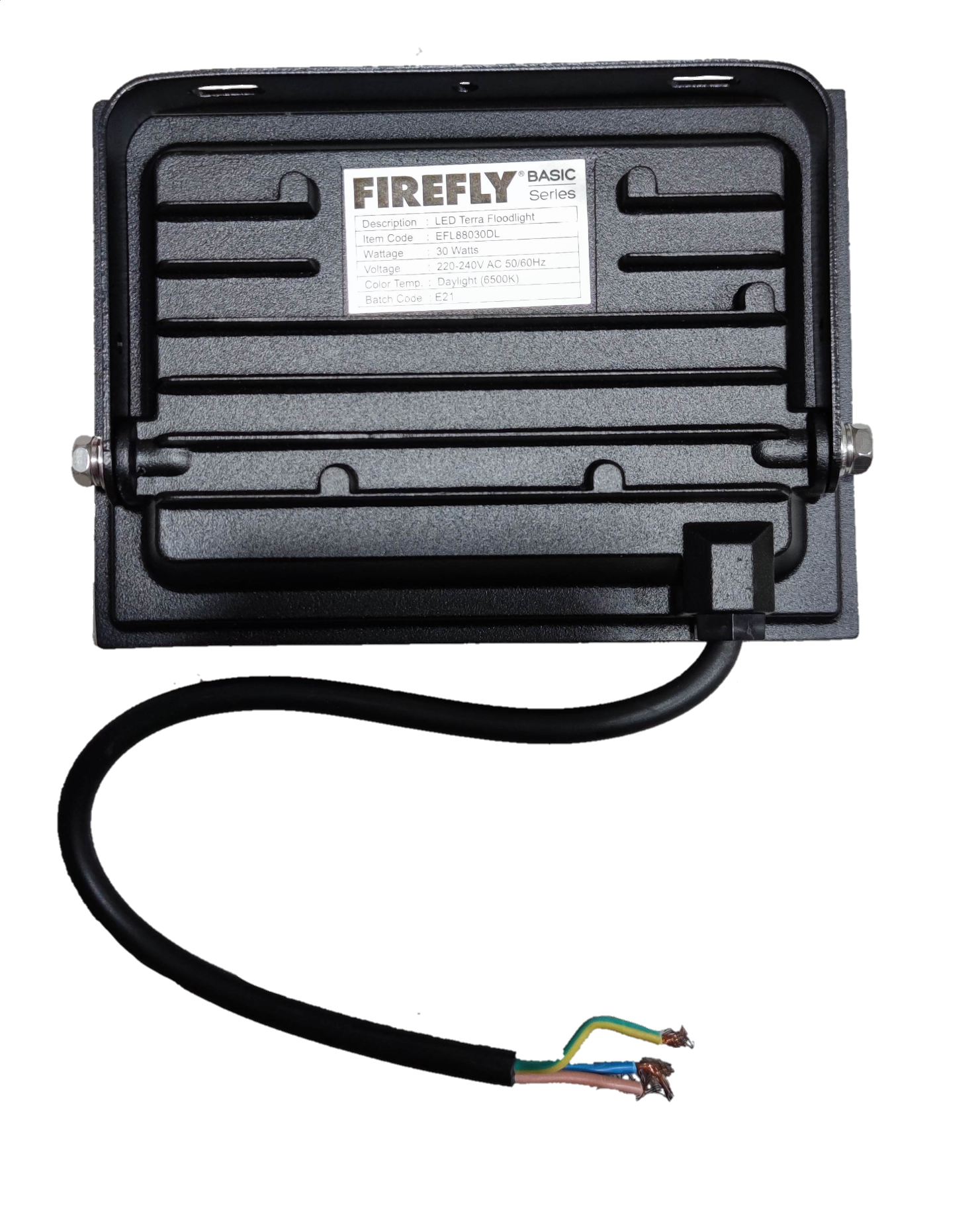 Firefly 30W LED floodlight black die cast housing back view with exposed three core power cable