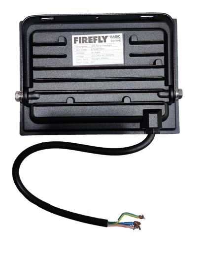 Firefly 30W LED floodlight black die cast housing back view with exposed three core power cable