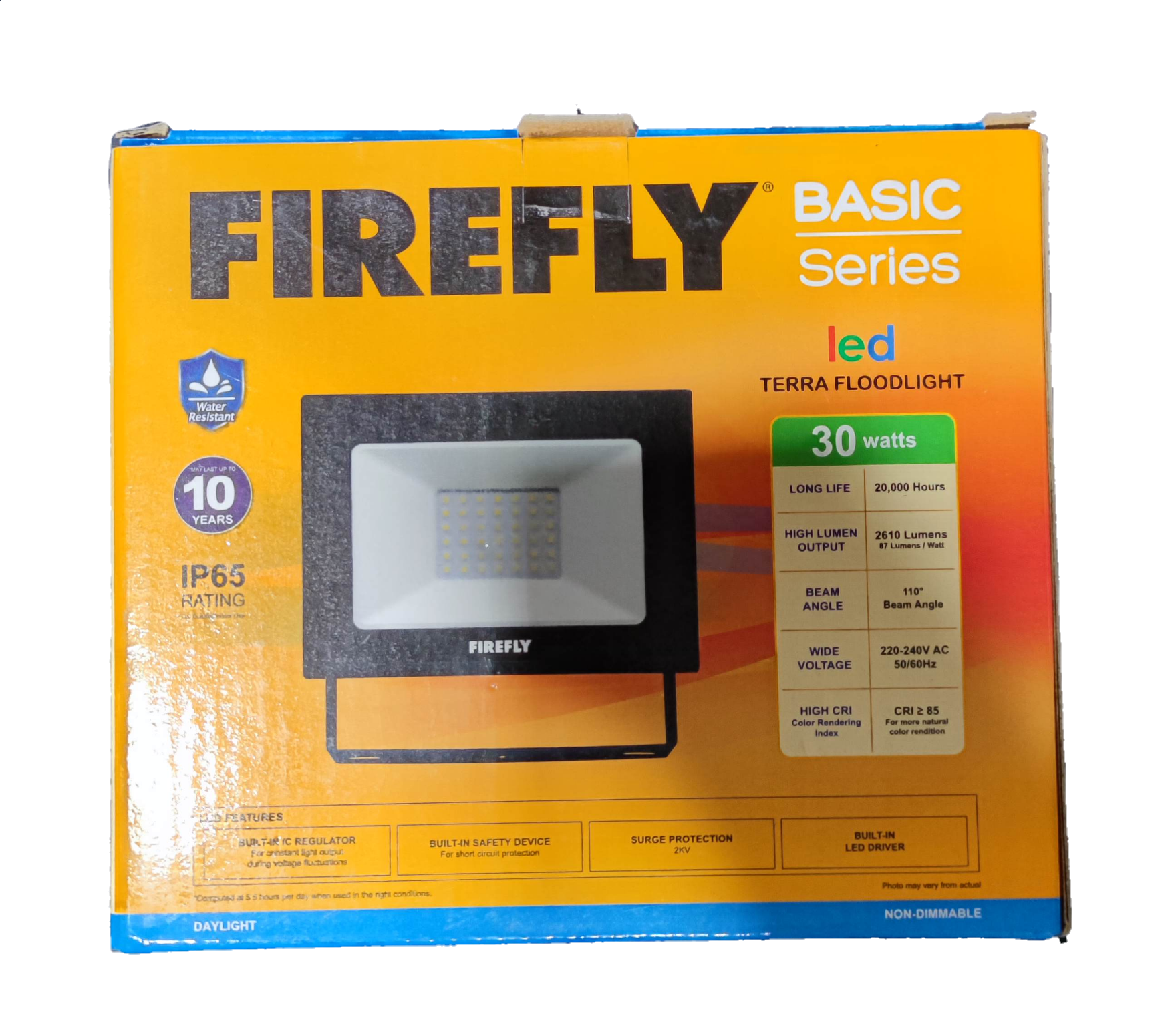 Boxed Firefly 30W LED floodlight. Basic Series packaging showing 30W label IP65 rating and floodlight image