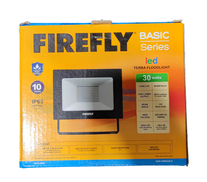 Boxed Firefly 30W LED floodlight. Basic Series packaging showing 30W label IP65 rating and floodlight image