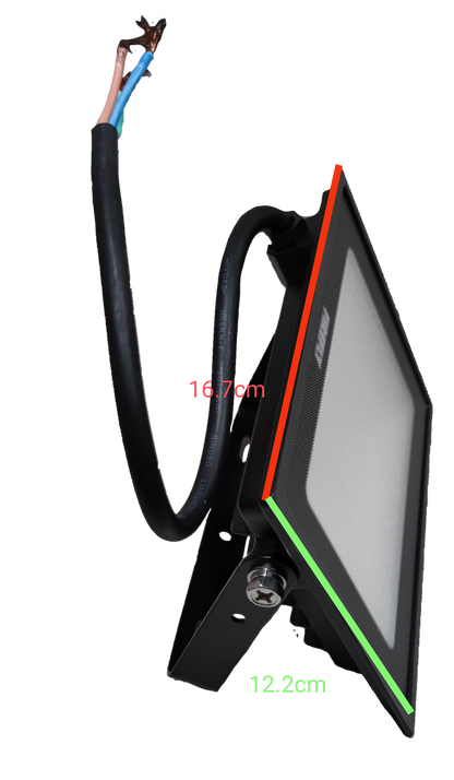 Firefly 30W LED floodlight angled side view with black housing exposed power cable and mounting bracket