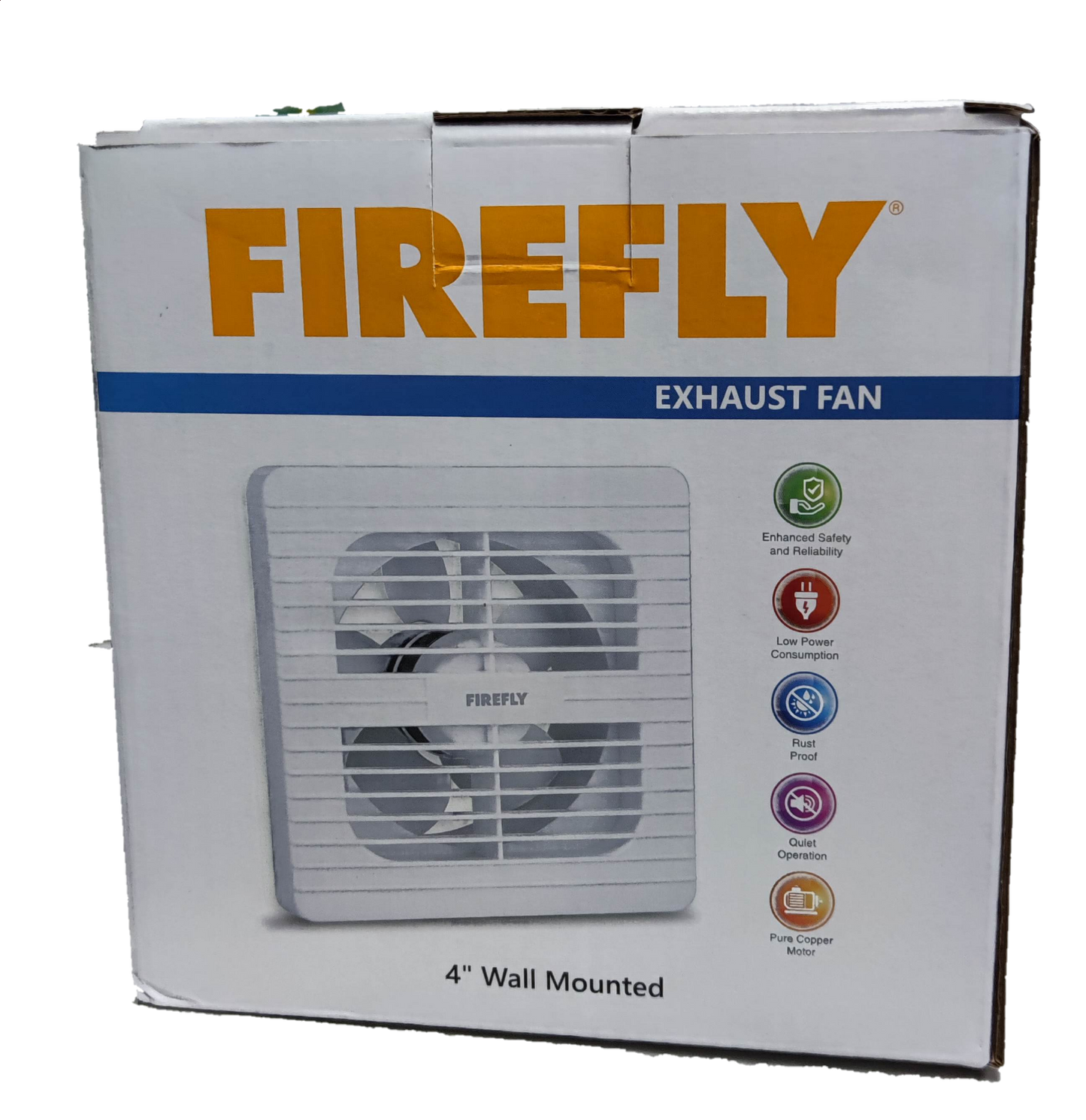 Firefly 4 inch exhaust fan 220V box showing white 4 inch wall mounted fan image and large FIREFLY logo