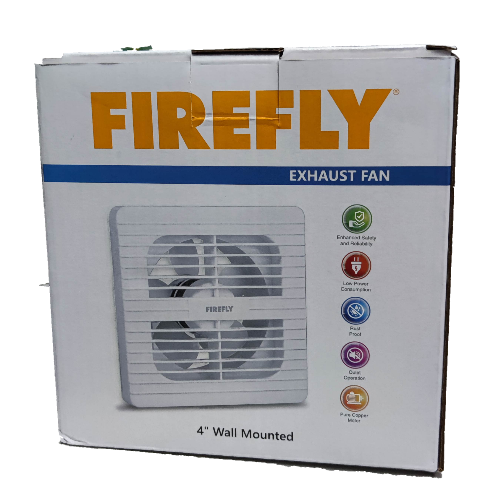 Firefly 4 inch exhaust fan 220V box showing white 4 inch wall mounted fan image and large FIREFLY logo
