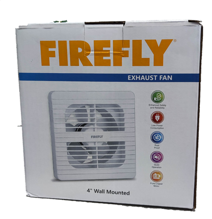 Firefly 4 inch exhaust fan 220V box showing white 4 inch wall mounted fan image and large FIREFLY logo