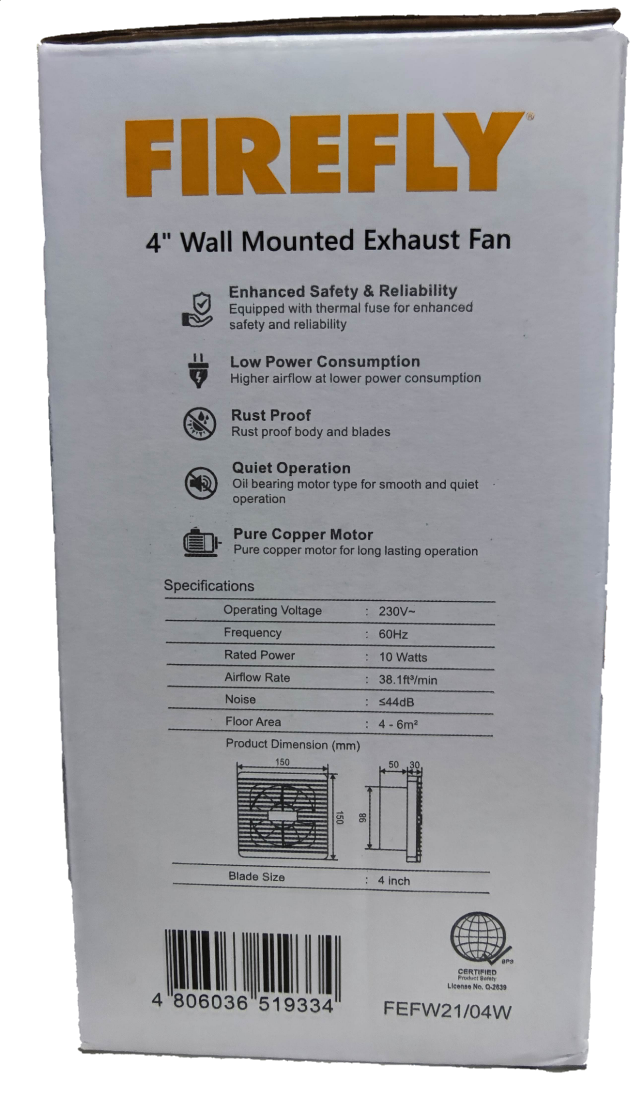 Firefly 4 inch exhaust fan 220V box showing Firefly logo 4 inch wall mounted exhaust fan specs
