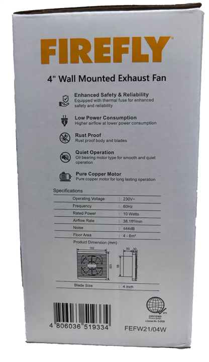 Firefly 4 inch exhaust fan 220V box showing Firefly logo 4 inch wall mounted exhaust fan specs