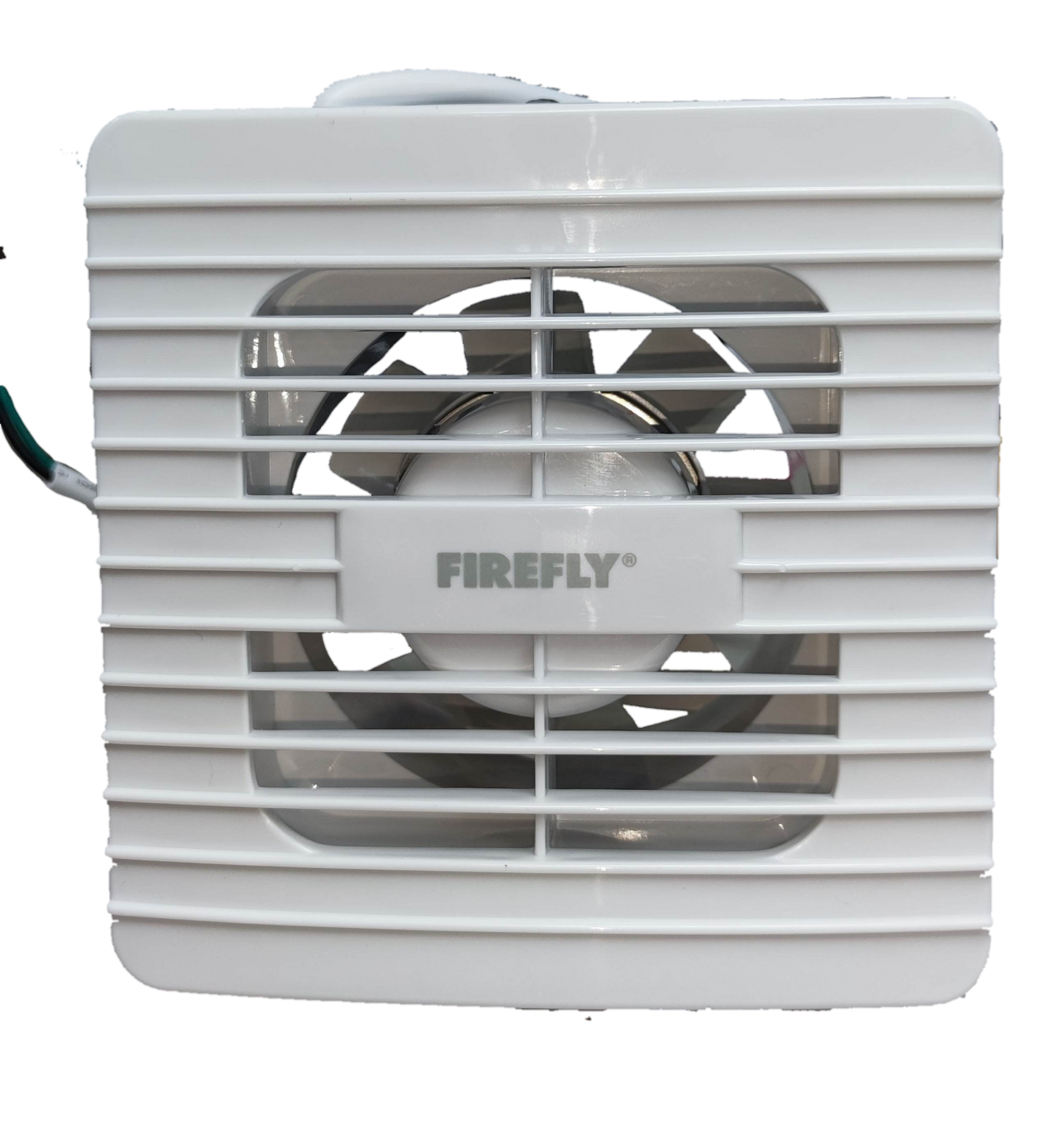 Firefly 4 inch exhaust fan 220V white square wall vent with horizontal grille center fan blades and Firefly logo