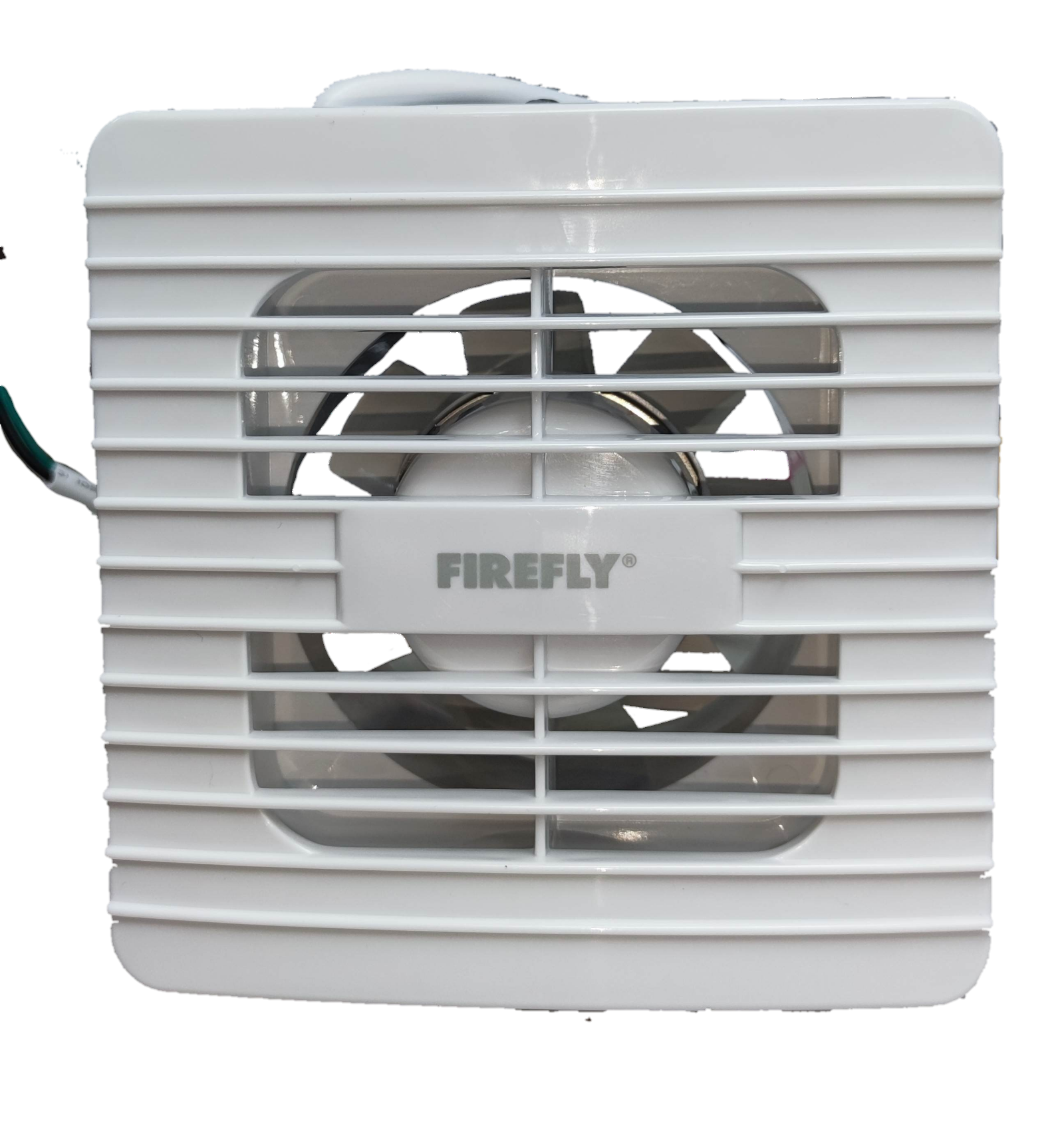 Firefly 4 inch exhaust fan 220V white square wall vent with horizontal grille center fan blades and Firefly logo