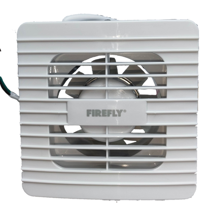 Firefly 4 inch exhaust fan 220V white square wall vent with horizontal grille center fan blades and Firefly logo