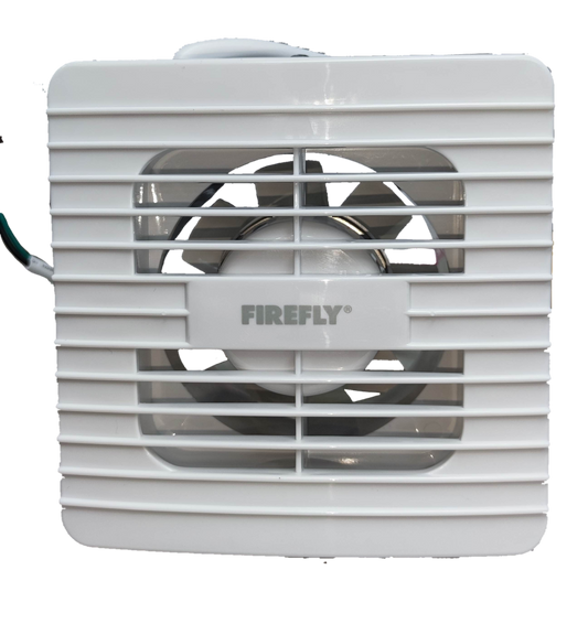 Firefly 4 inch exhaust fan 220V white square wall vent with horizontal grille center fan blades and Firefly logo