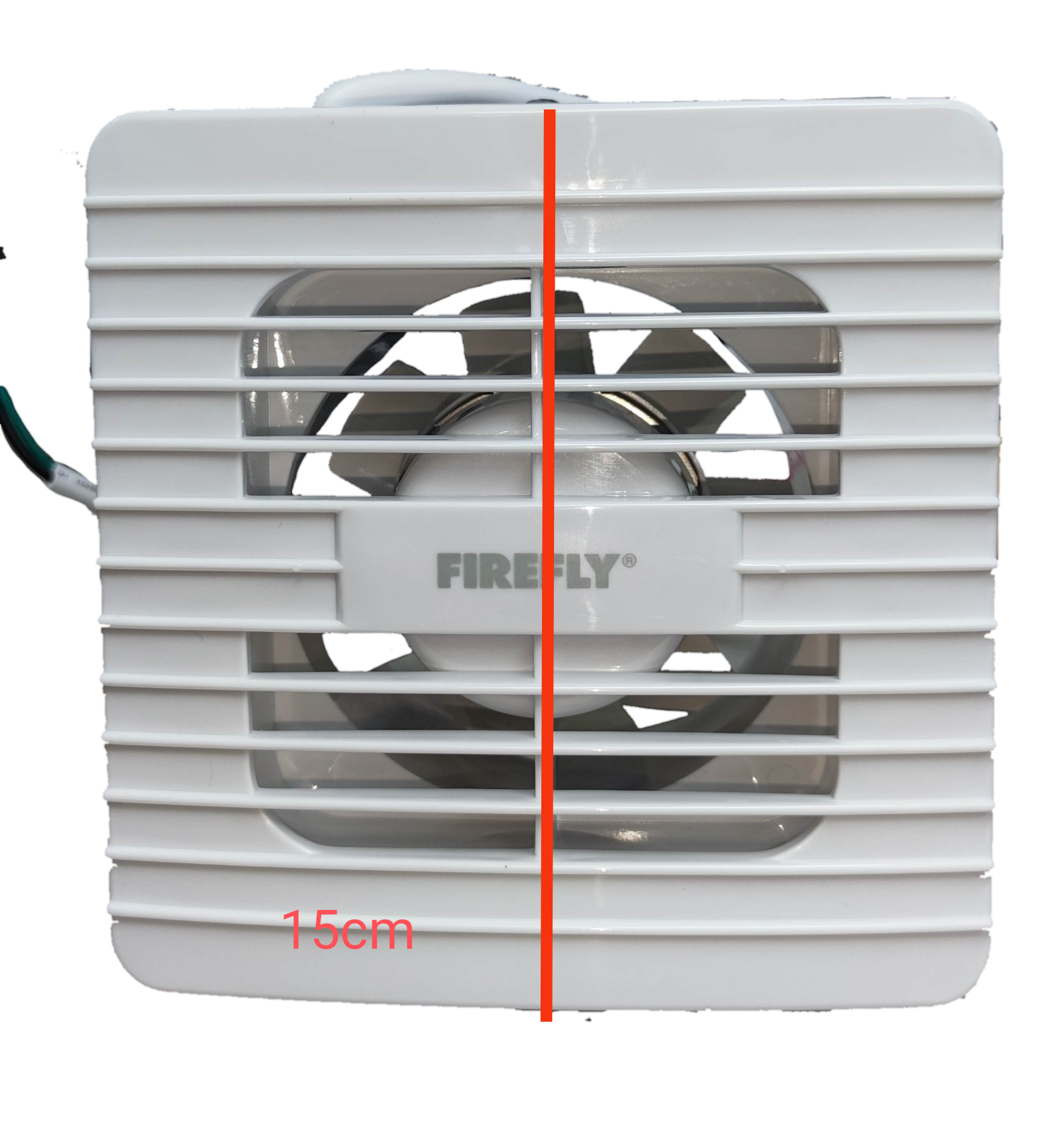 White Firefly 4 inch exhaust fan 220V with square front grille and visible blades for bathroom ventilation