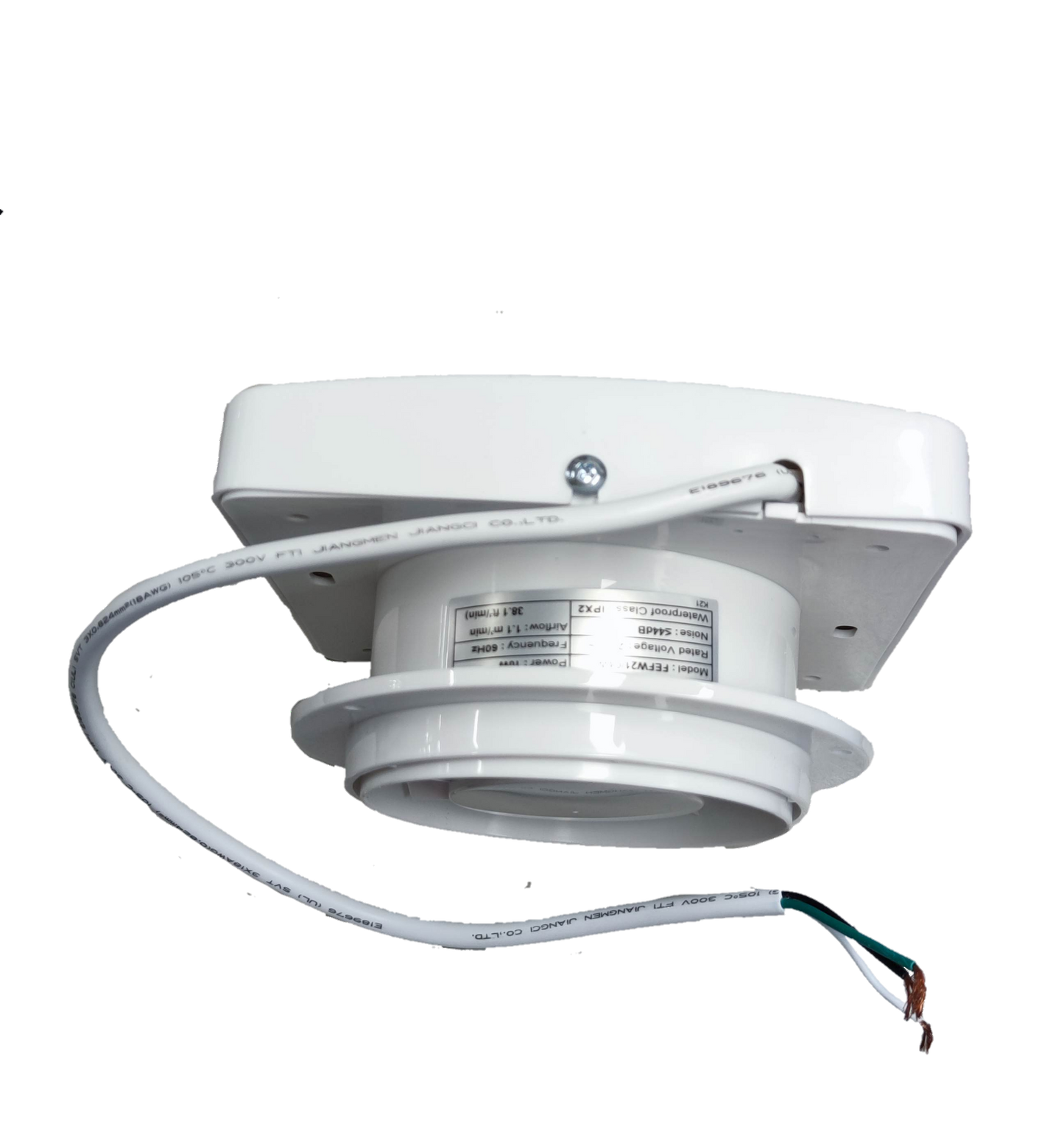 Firefly 4 inch exhaust fan 220V white ceiling mount inline extractor with exposed wiring and label