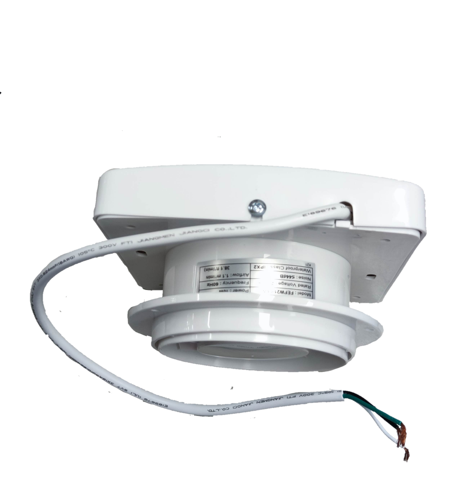 Firefly 4 inch exhaust fan 220V white ceiling mount inline extractor with exposed wiring and label