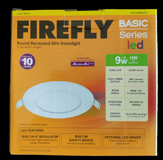 Firefly 9W LED round recessed downlight box showing BASIC Series branding cool white spec and product image