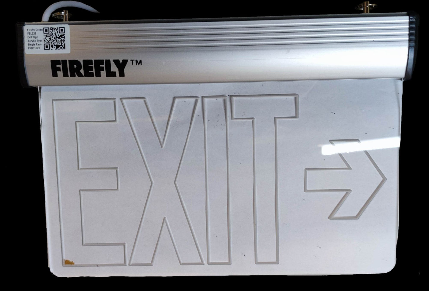 Firefly Acrylic LED Sign 220V white EXIT acrylic panel with right arrow and silver FIREFLY LED housing