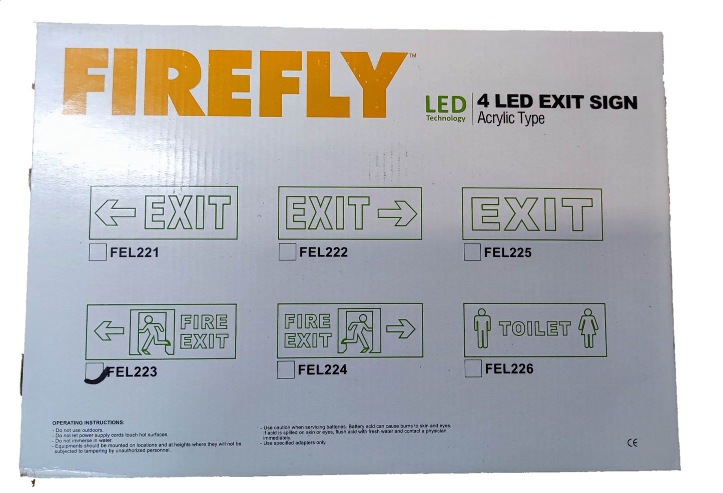 Firefly Acrylic LED Sign 220V packaging showing 4 LED exit sign designs and model numbers FEL221 to FEL226