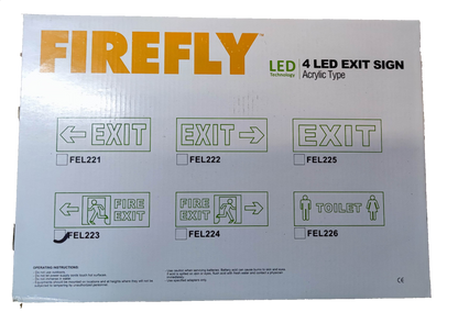 Firefly Acrylic LED Sign 220V packaging showing 4 LED exit sign designs and model numbers FEL221 to FEL226