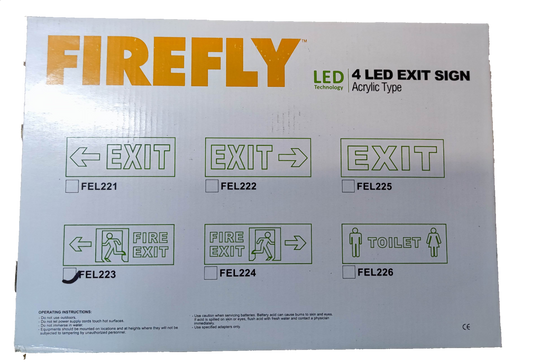 Firefly Acrylic LED Sign 220V packaging showing 4 LED exit sign designs and model numbers FEL221 to FEL226