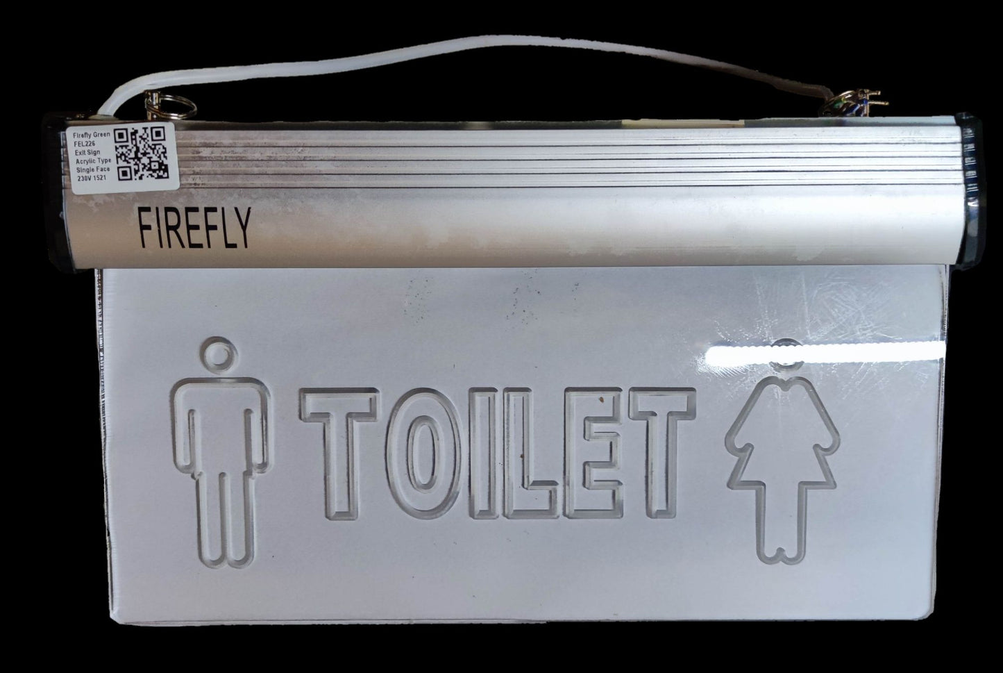 Firefly Acrylic LED Sign 220V hanging white acrylic toilet sign with embossed male and female icons and top LED bar