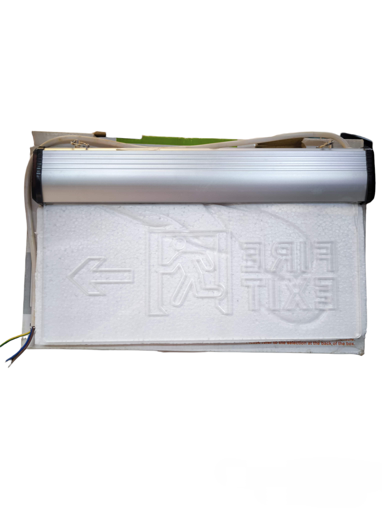 Firefly Acrylic LED Sign 220V emergency exit light in aluminum housing with wiring and foam packaging