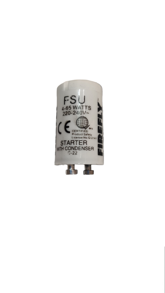 Firefly Fluorescent Starter FSU 4-65W 220V white cylindrical starter with two metal pin terminals