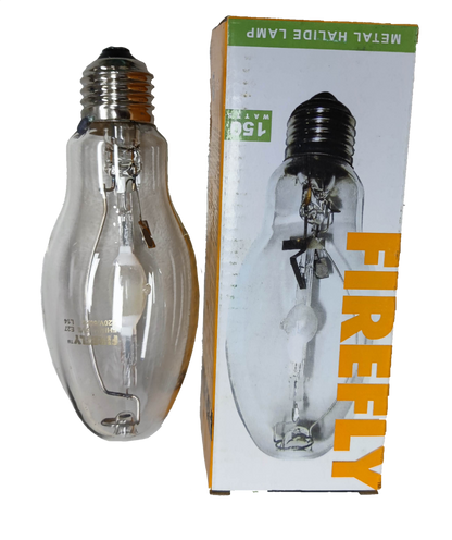 Firefly High Intensity Discharge Bulb with a clear glass design, labeled as Metal Halide Lamp Elliptical