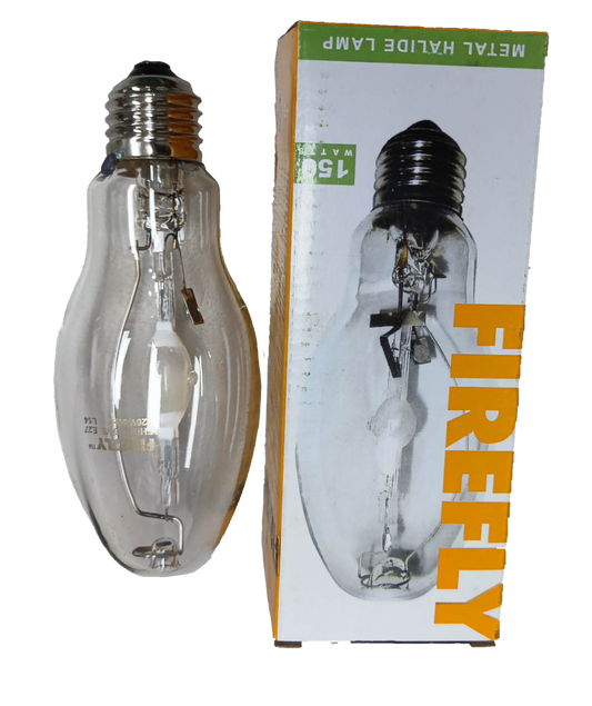 Firefly High Intensity Discharge Bulb with a clear glass design, labeled as Metal Halide Lamp Elliptical