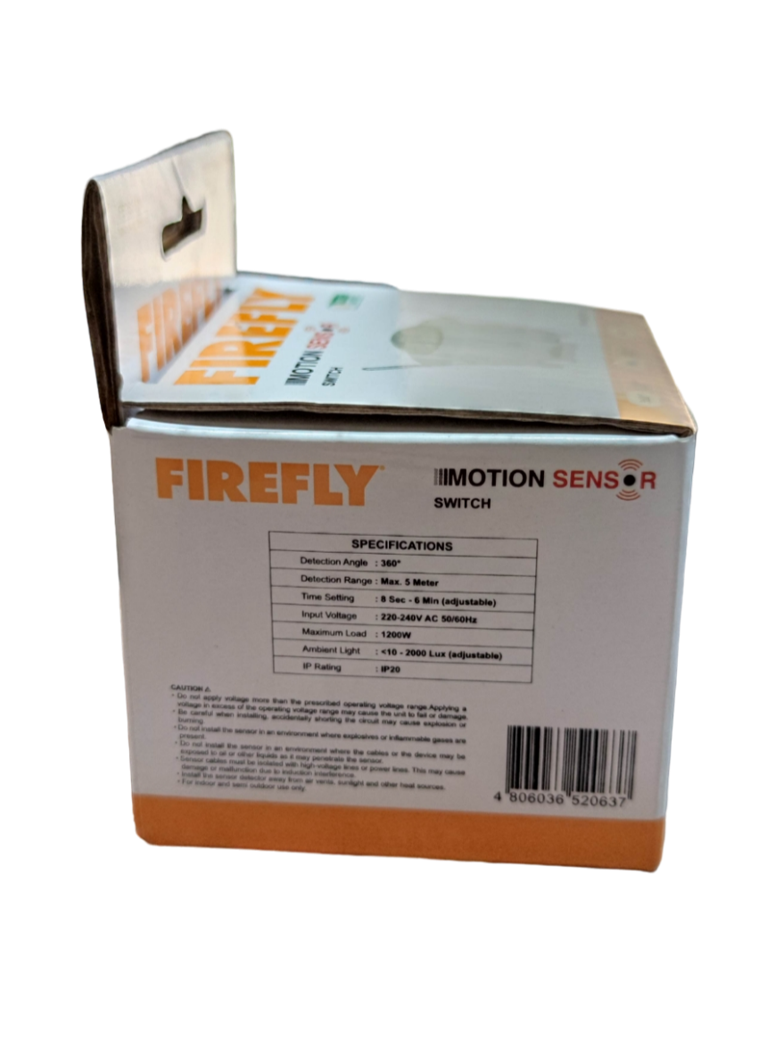 Firefly motion sensor light switch box showing product specifications and branding