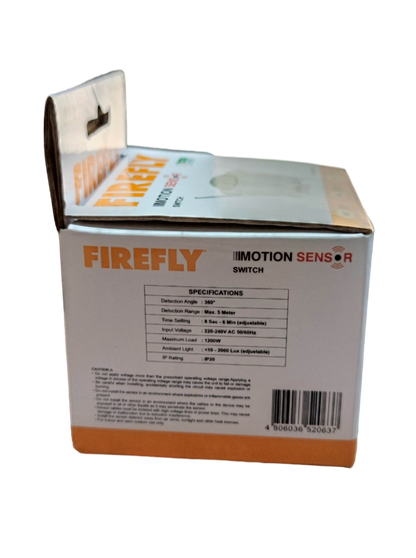 Firefly motion sensor light switch box showing product specifications and branding