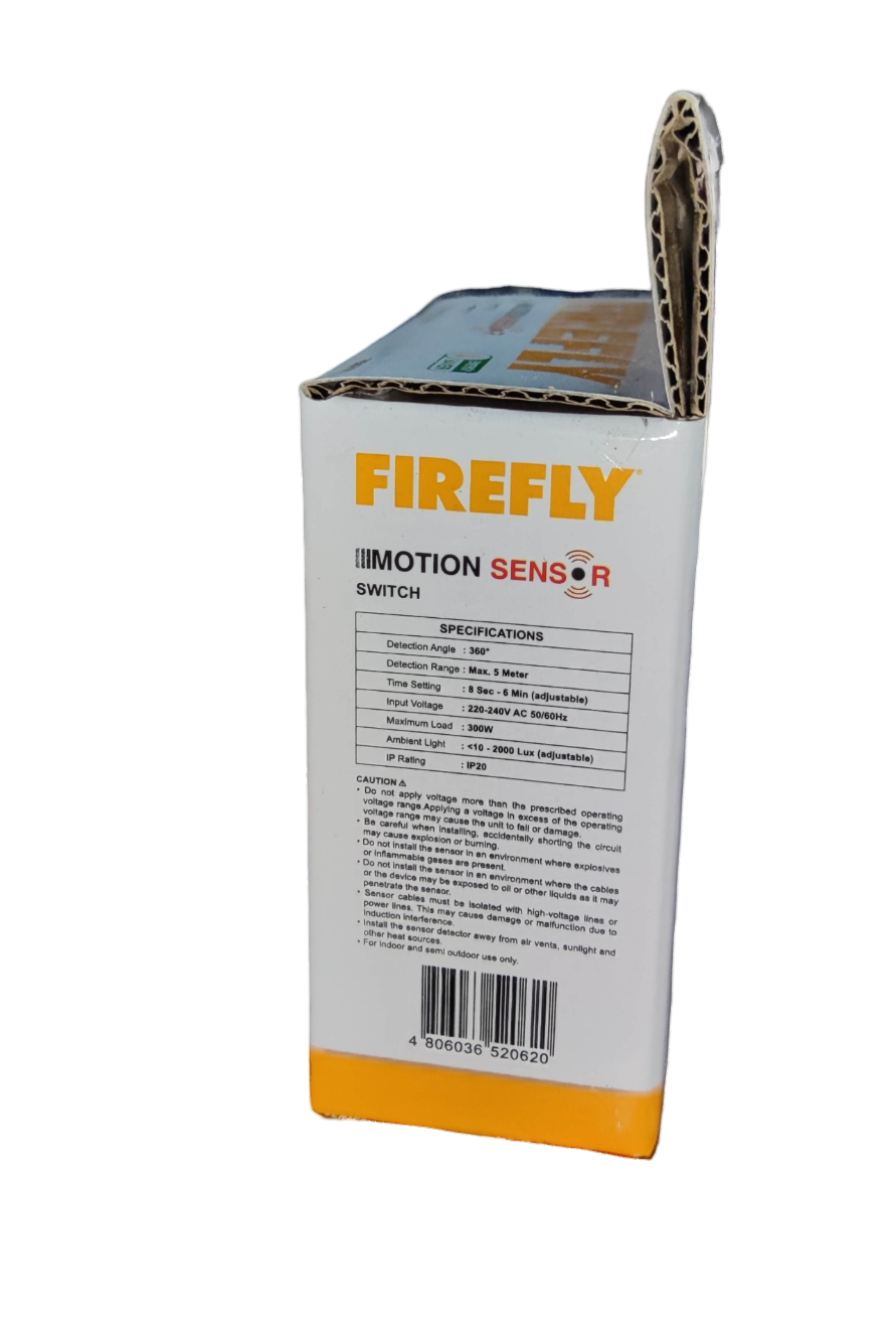 Firefly Motion Sensor Surface type 1A 220V 300W switch packaging with product specifications and barcode