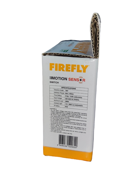 Firefly Motion Sensor Surface type 1A 220V 300W switch packaging with product specifications and barcode