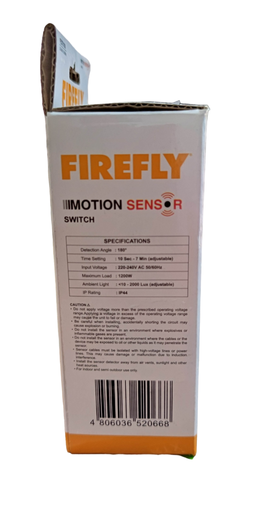Firefly Motion Sensor Switch 1200W 220V in white packaging with product specifications