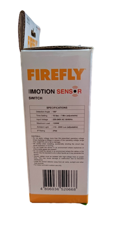 Firefly Motion Sensor Switch 1200W 220V in white packaging with product specifications