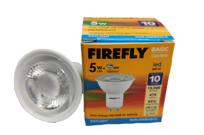 Firefly MR16 5W LED Daylight GU10 220V bulb and yellow packaging box showing specifications