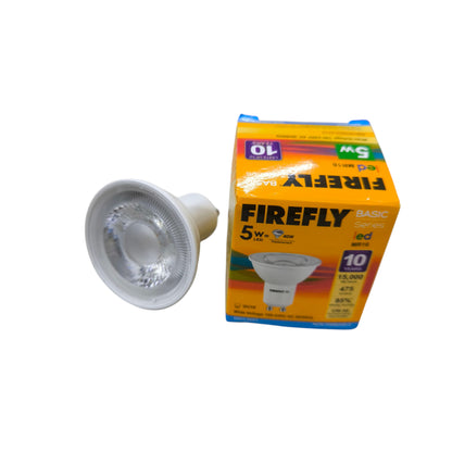 Firefly MR16 5W LED Daylight GU10 220V bulb and yellow retail box showing specifications