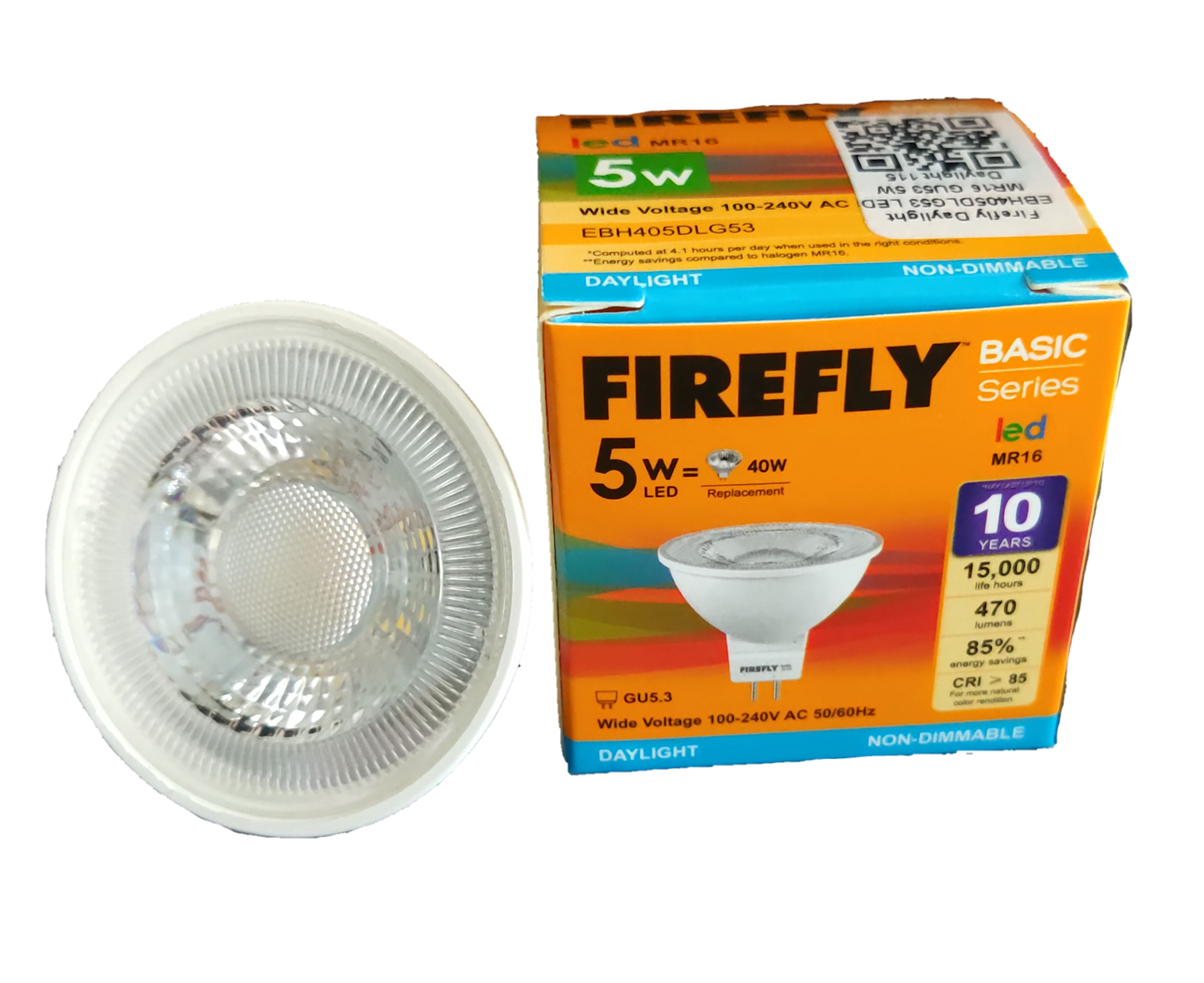 Firefly MR16 LED 5W Daylight 220V AC bulb and box showing white reflector lamp and GU5 3 base