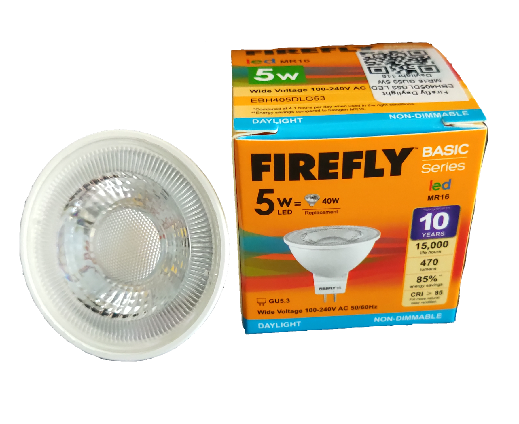 Firefly MR16 LED 5W Daylight 220V AC bulb and box showing white reflector lamp and GU5 3 base