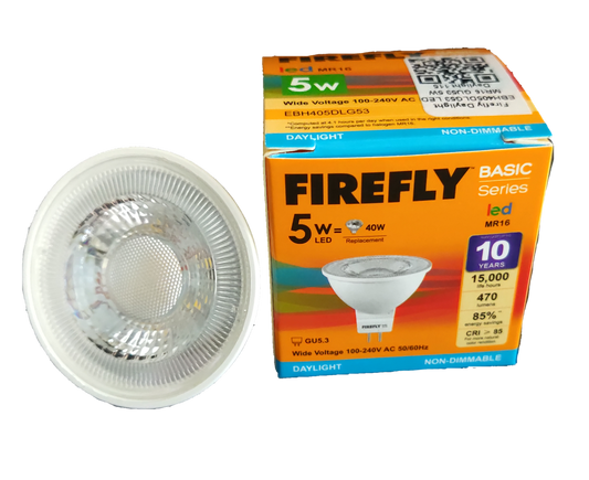 Firefly MR16 LED 5W Daylight 220V AC bulb and box showing white reflector lamp and GU5 3 base