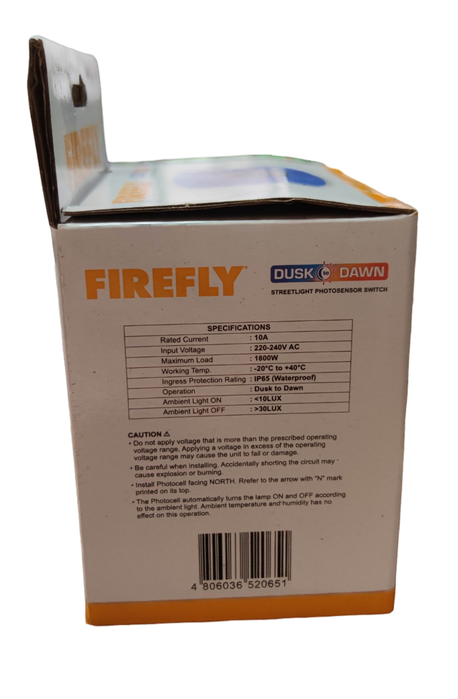 Firefly Dusk to Dawn Photo Sensor Switch 10A 250V retail box showing specifications and barcode