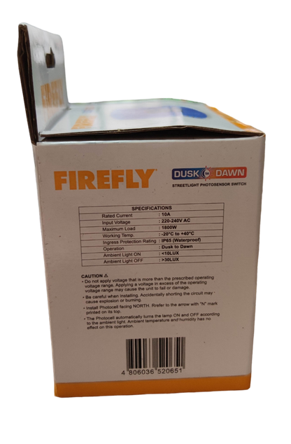 Firefly Dusk to Dawn Photo Sensor Switch 10A 250V retail box showing specifications and barcode
