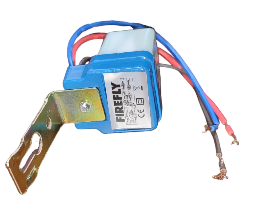 Firefly Photocell 6A 220V FEDPS06 with blue casing and metal mounting bracket for power points and switches