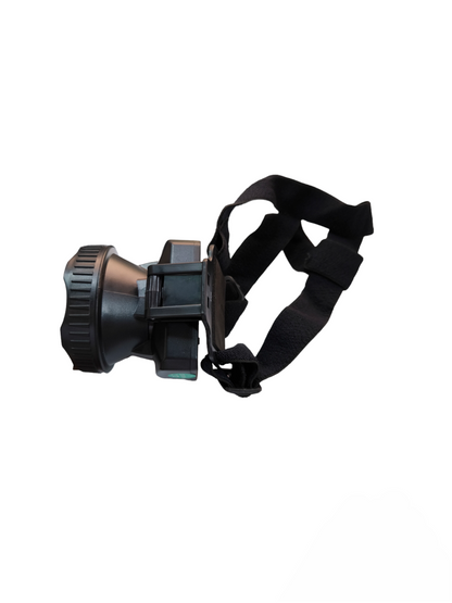 Firefly rechargeable head lamp with charger featuring adjustable black straps and durable housing