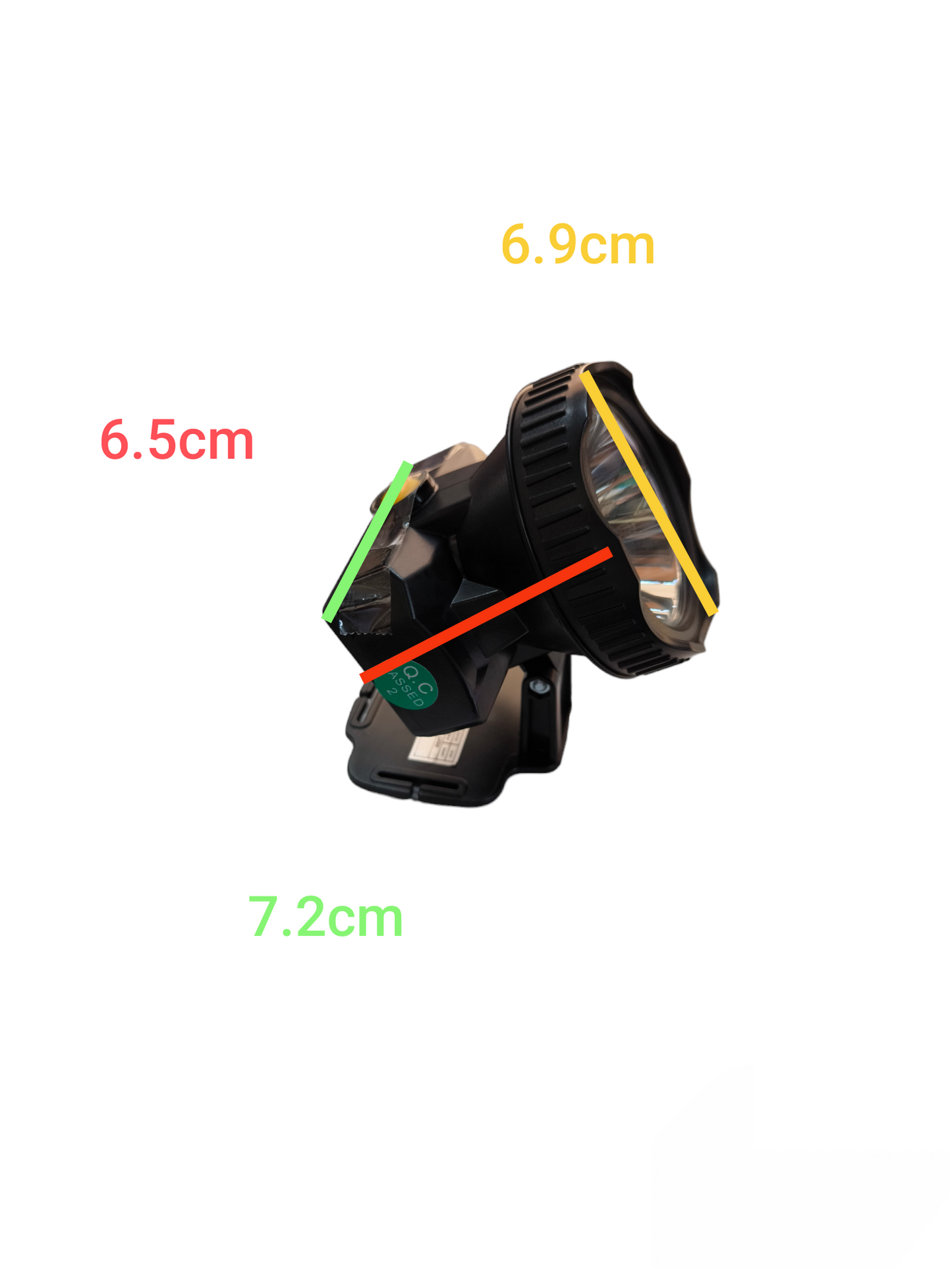 Firefly rechargeable head lamp with charger showing compact design and dimensions for work and safety use