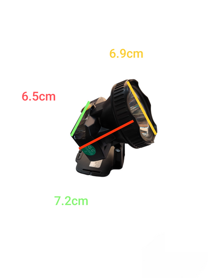 Firefly rechargeable head lamp with charger showing compact design and dimensions for work and safety use